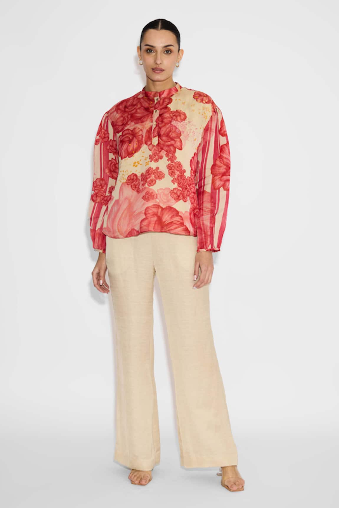 Shasha Gaba Multi-Floral Placket Beige Shirt 