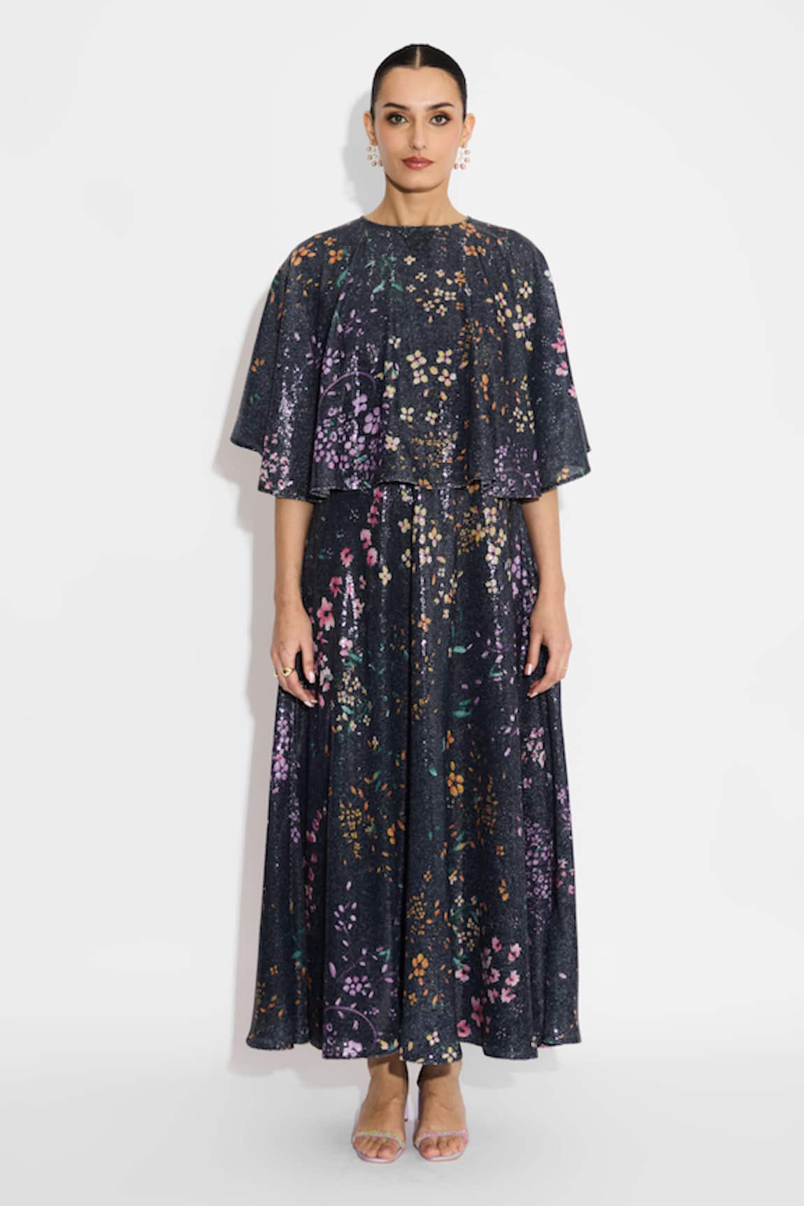 SHASHA GABA Black Floral Sequin Cape & Dress 