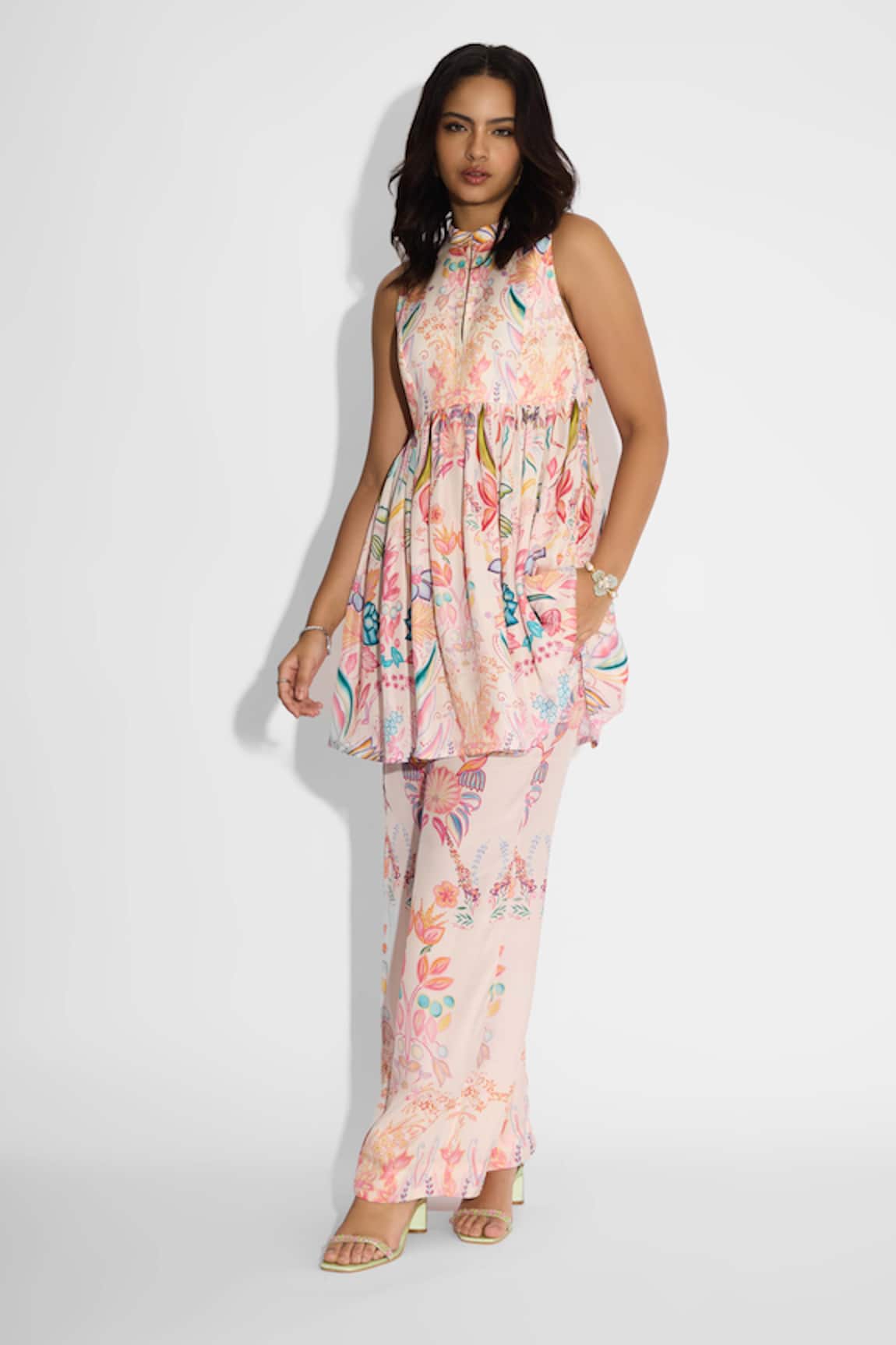 SHASHA GABA Pale Pink Floral Peplum Top & Pants 