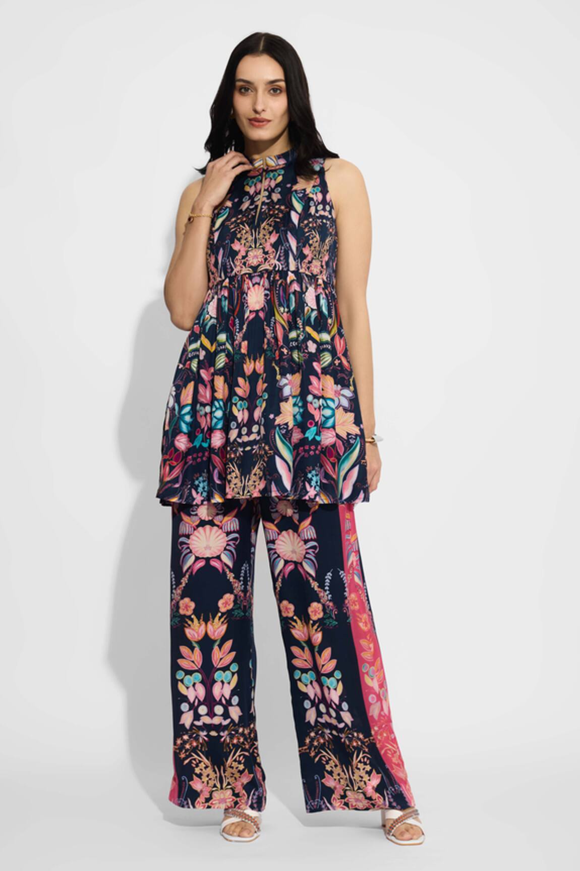 SHASHA GABA Floral Peplum Top & Straight Pant Set 