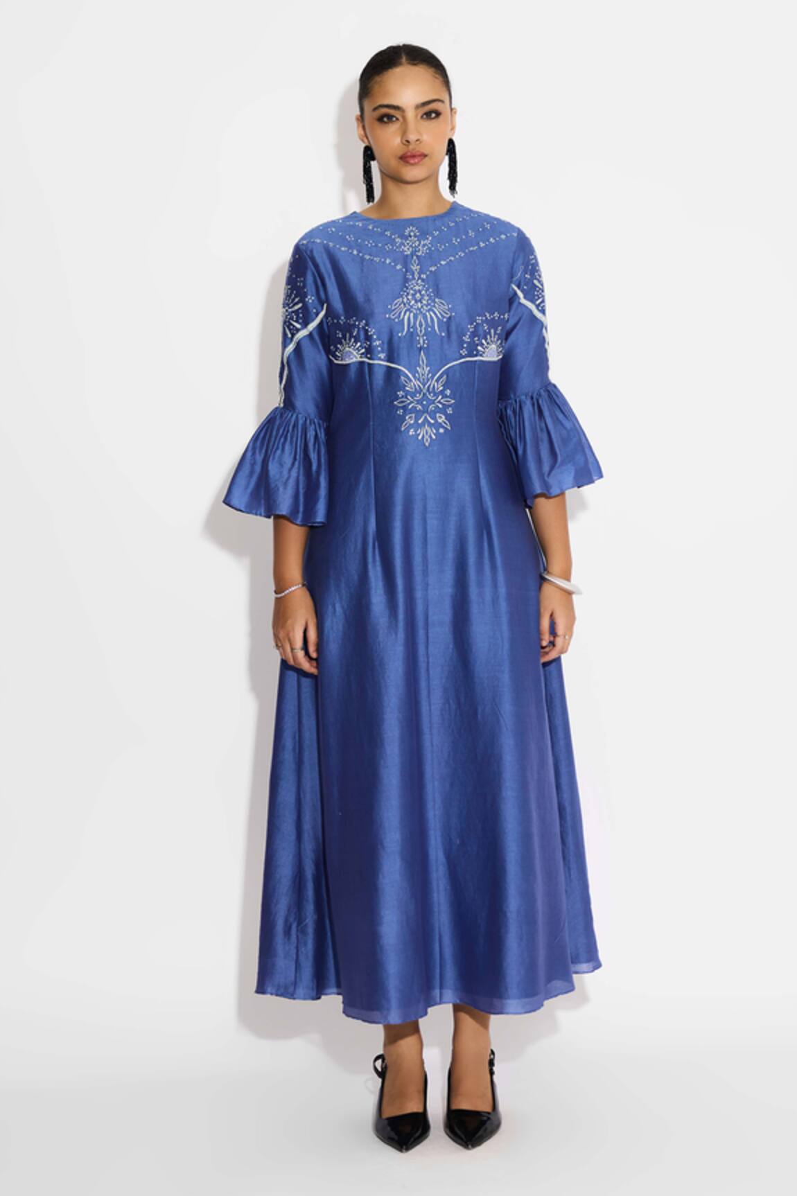 SHASHA GABA Indigo Peplum Sleeve Maxi Dress 