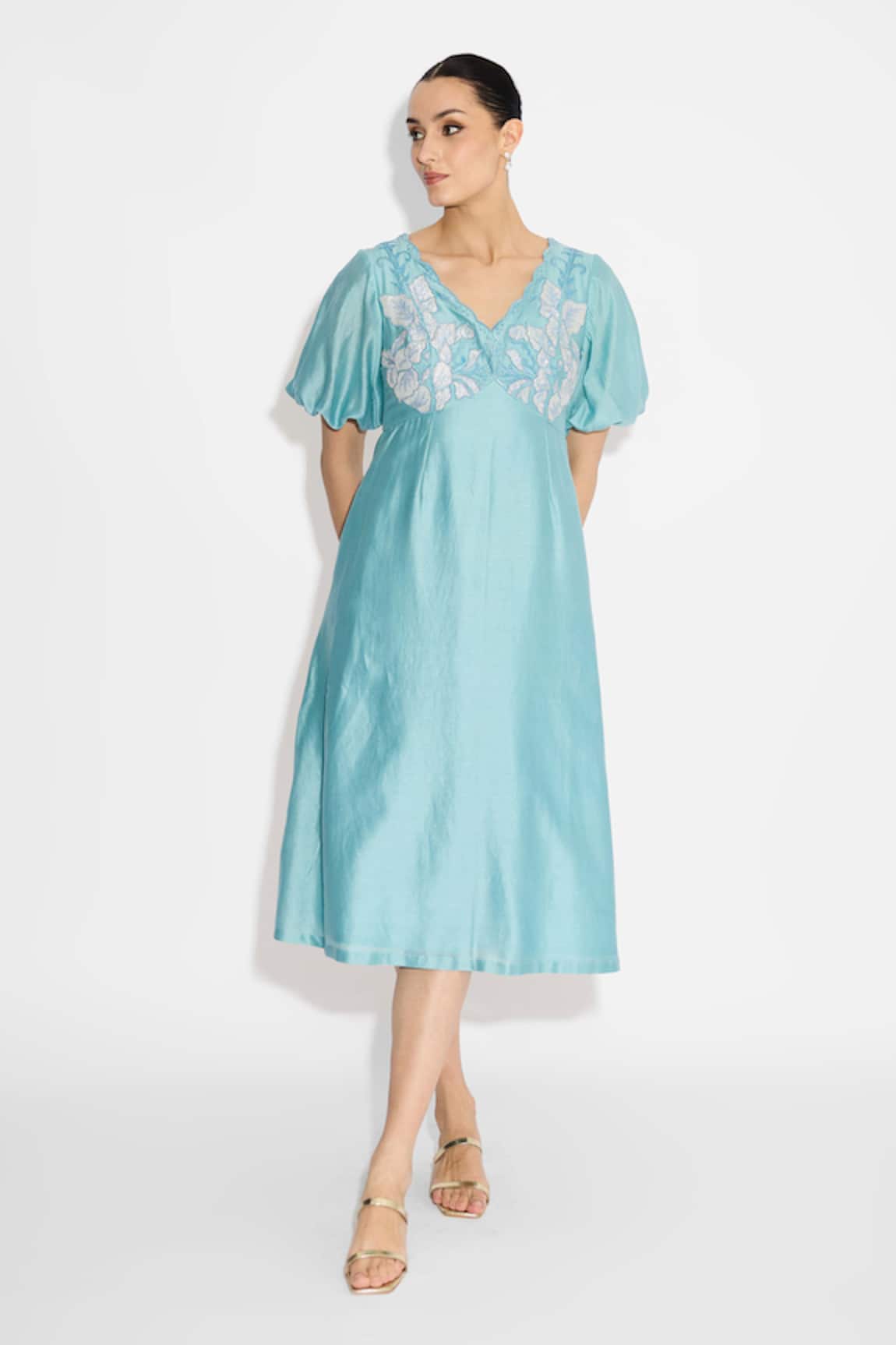 SHASHA GABA Applique Aqua Midi Dress 
