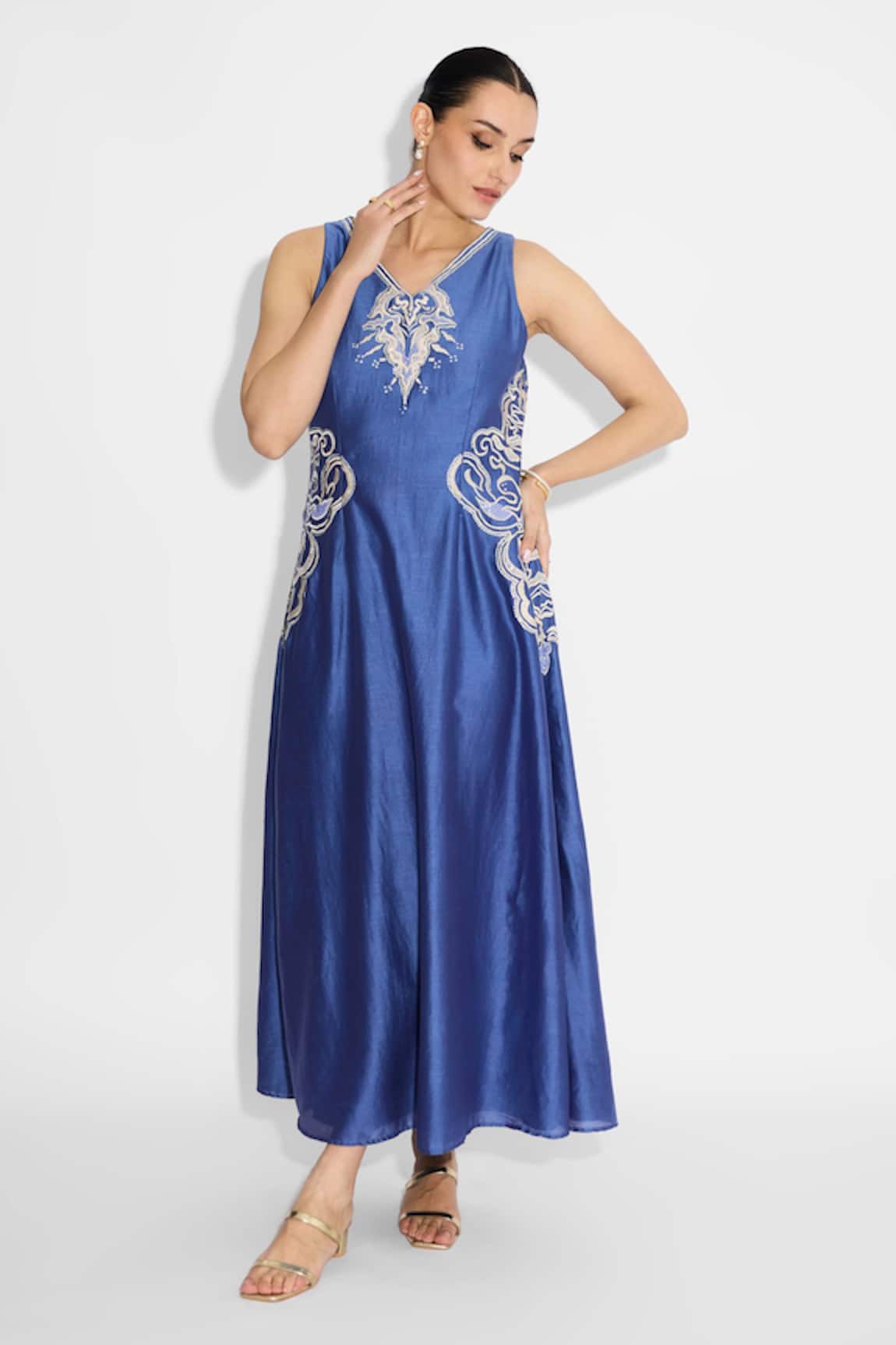 SHASHA GABA Embellished Indigo Flare Dress 