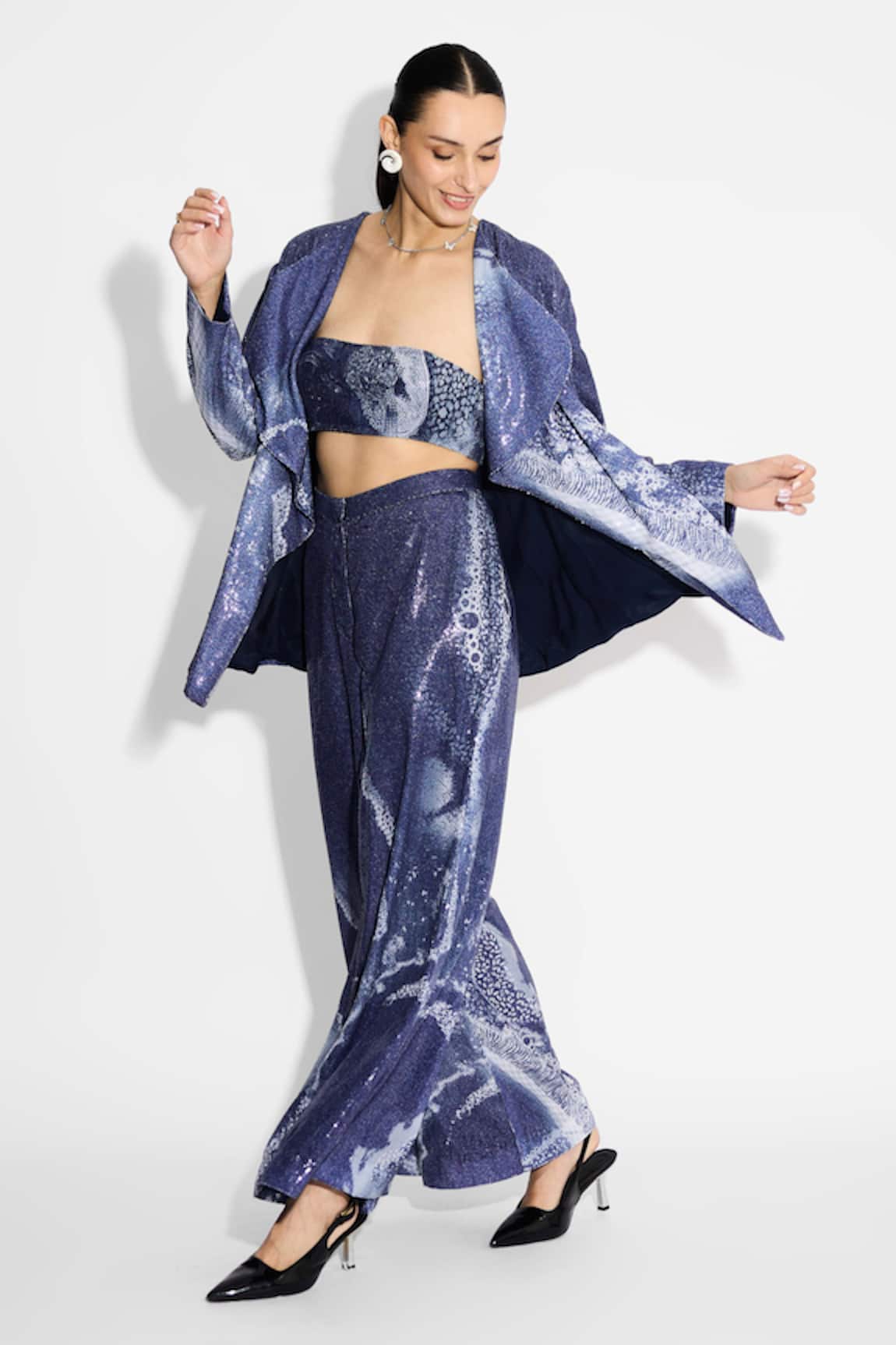 SHASHA GABA Amorphous Print Sequin Flared Pant 