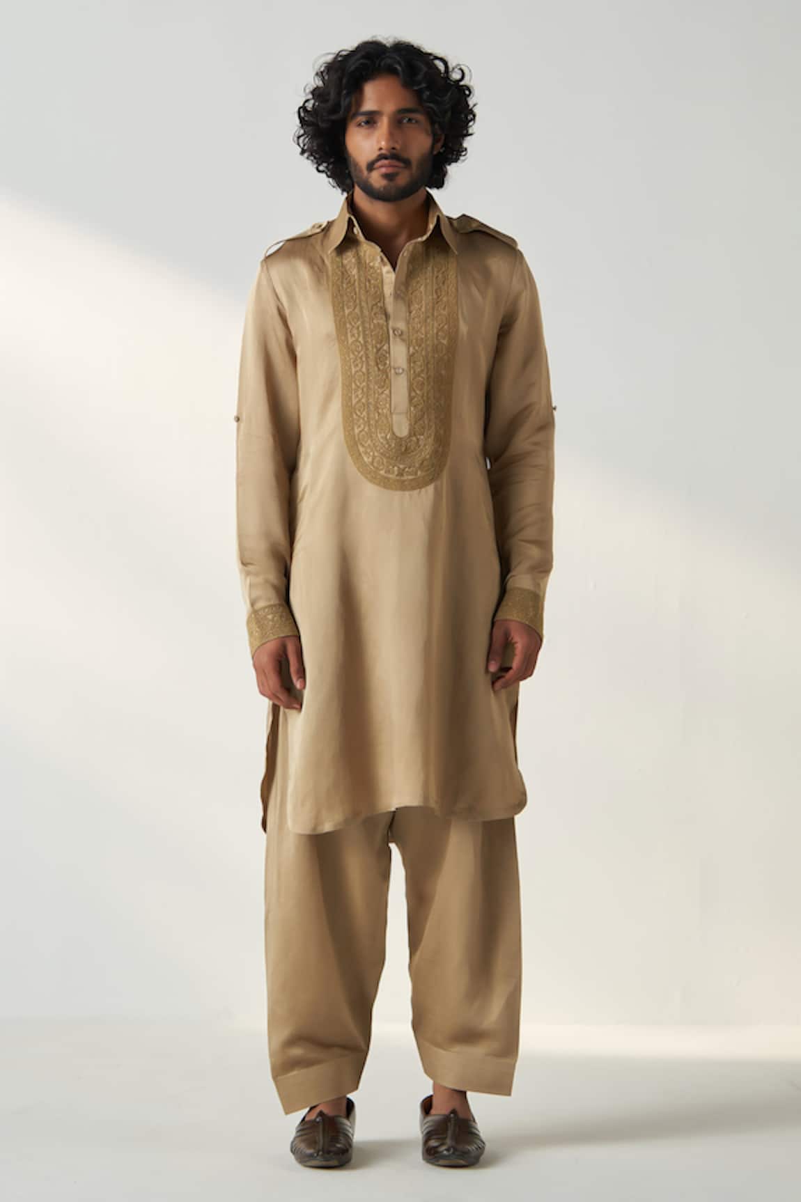 Studio Bagechaa Embroidered Gold Pathani Kurta Set 