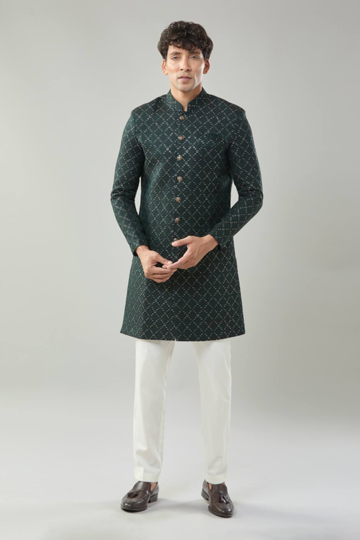 Arihant Rai Sinha Green Woven Jacquard Sherwani & White Pant 