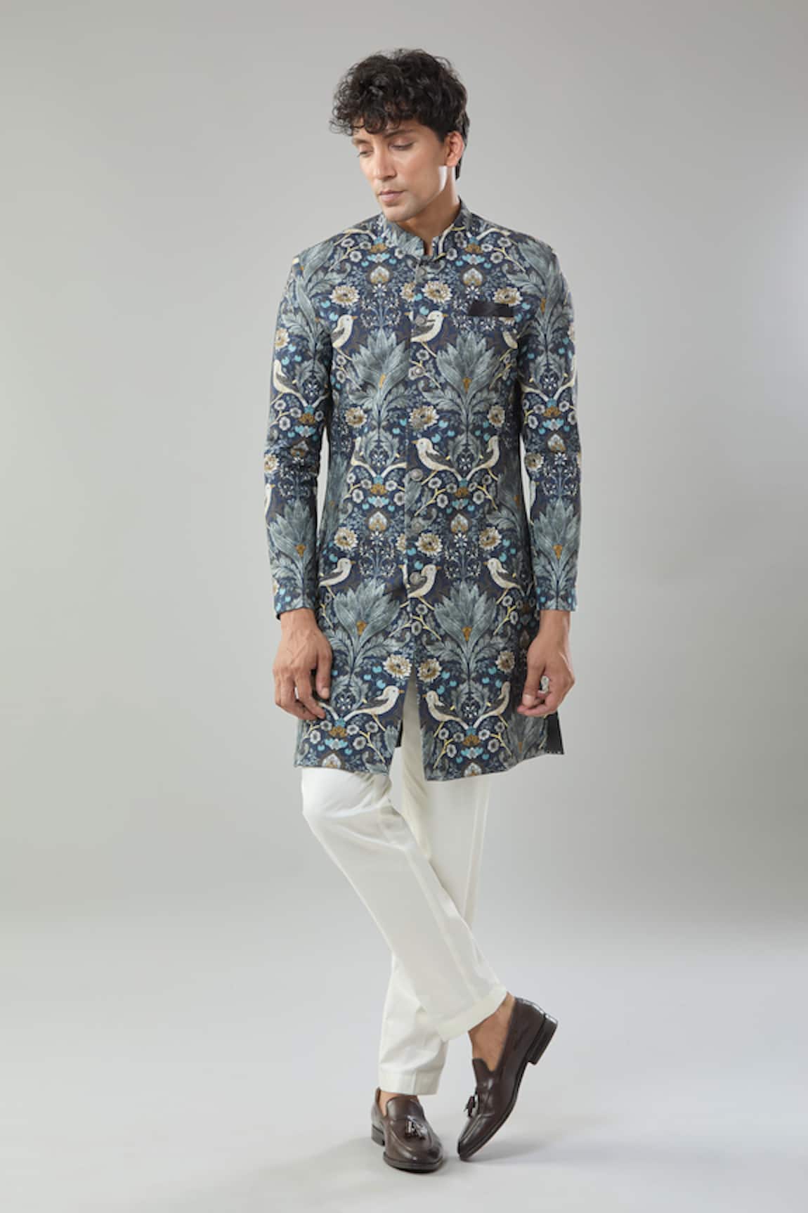 Arihant Rai Sinha Floral Print Blue Sherwani & White Pollo Pant 