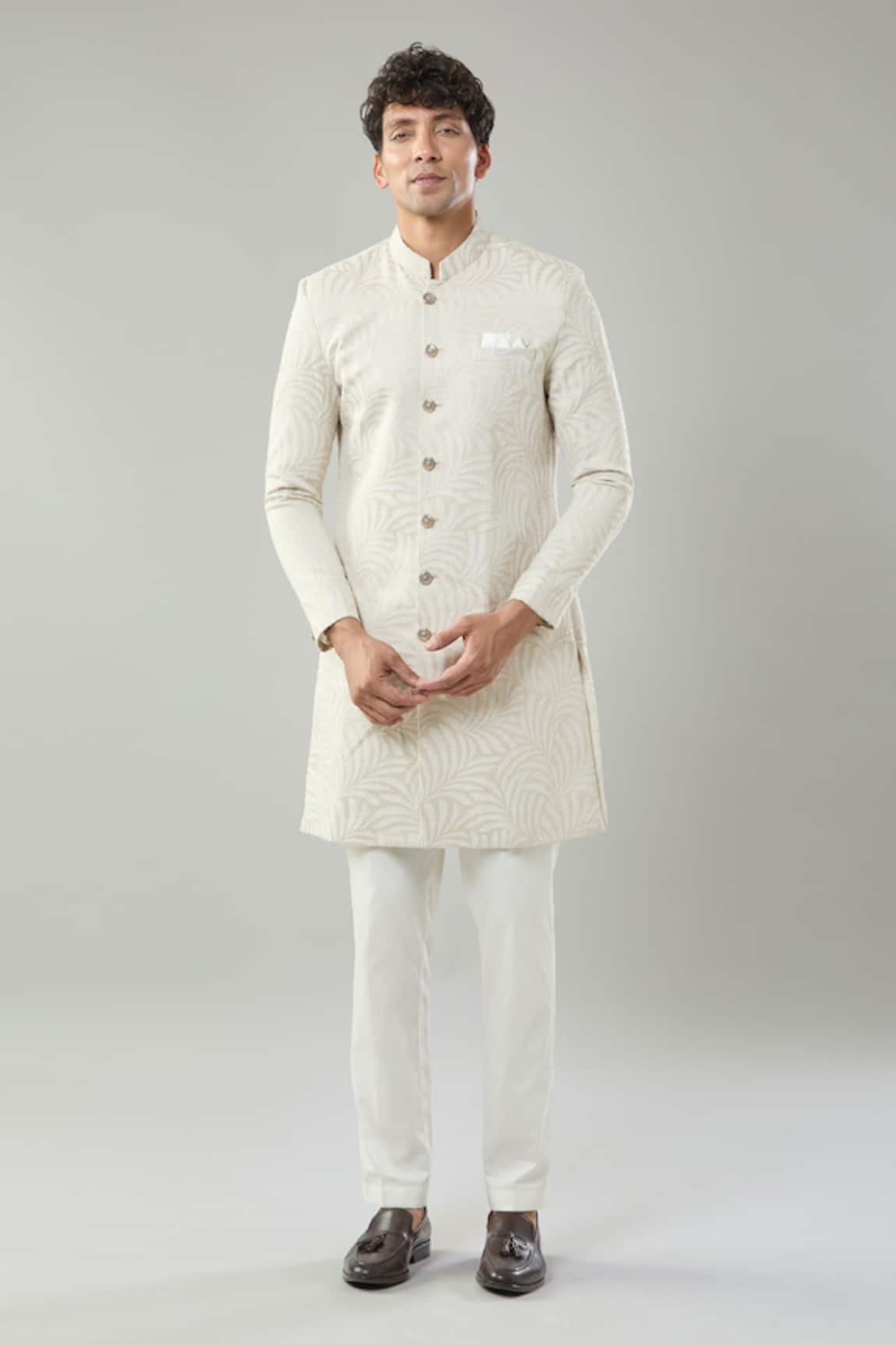 Arihant Rai Sinha Golden Woven Jacquard Sherwani & Pollo Pant 