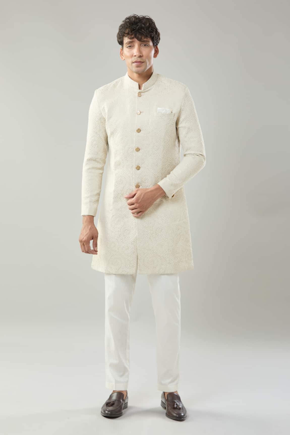 Arihant Rai Sinha Golden Woven Jacquard Sherwani Set 