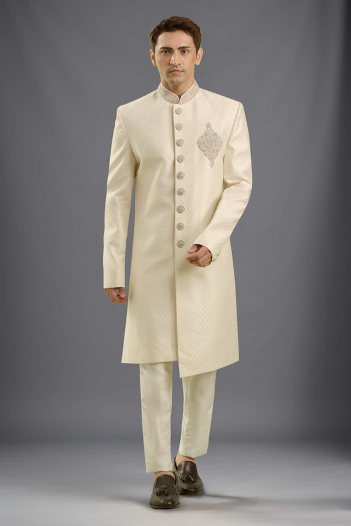 Arihant Rai Sinha Cream Jacquard Banarasi Silk Sherwani Set 