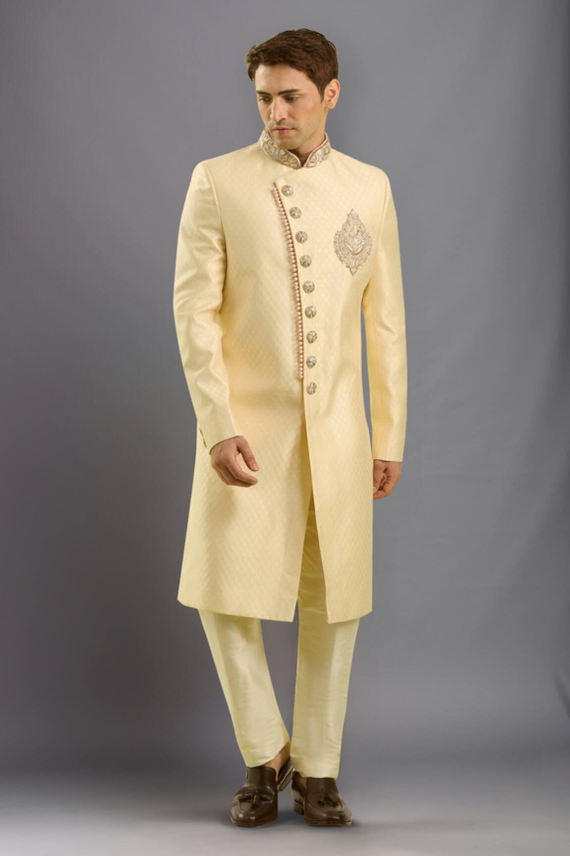 Arihant Rai Sinha Gold Jacquard Banarasi Silk Sherwani Set 