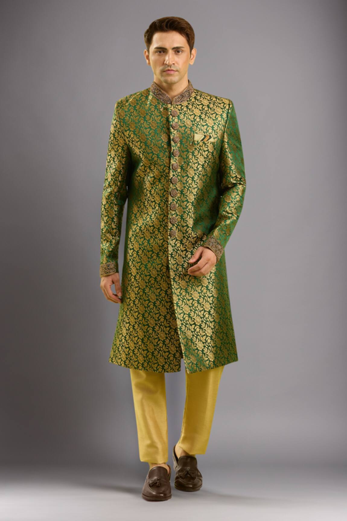 Arihant Rai Sinha Green Jacquard Banarasi Silk Sherwani Set 