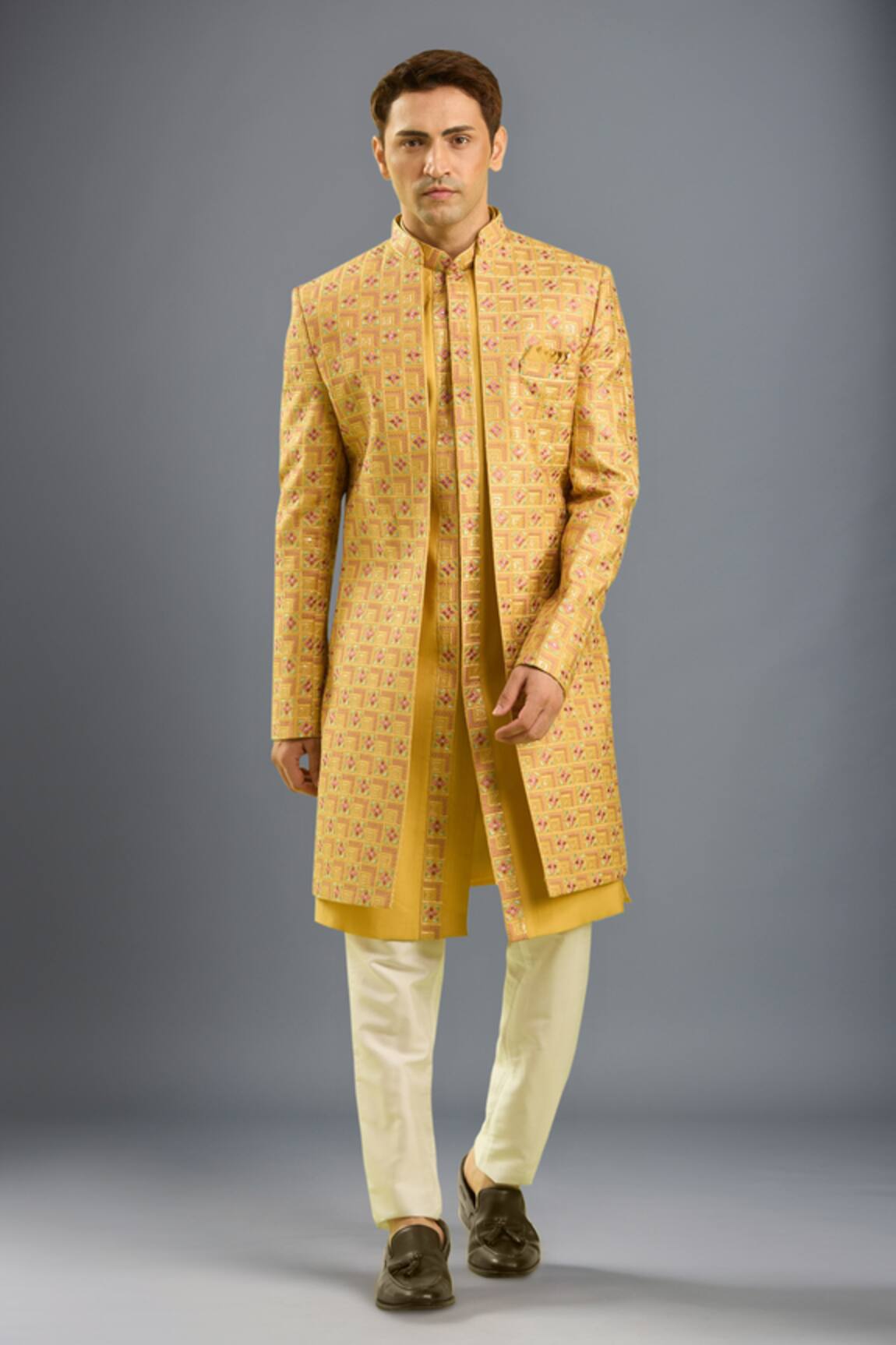 Arihant Rai Sinha Mustard Yellow 3-Piece Jacket Set 