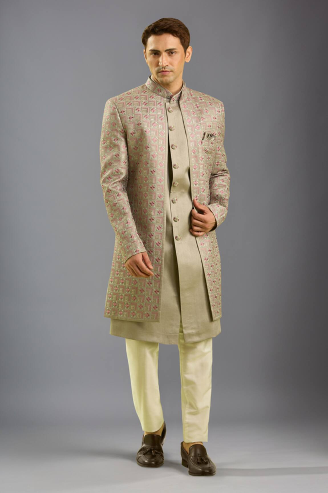 Arihant Rai Sinha Grey Patterned 3 Piece Sherwani Set 