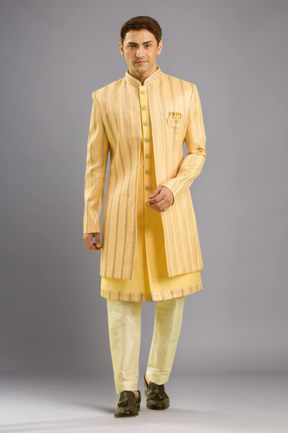 Arihant Rai Sinha Yellow Art Silk Sherwani with Pant Set 