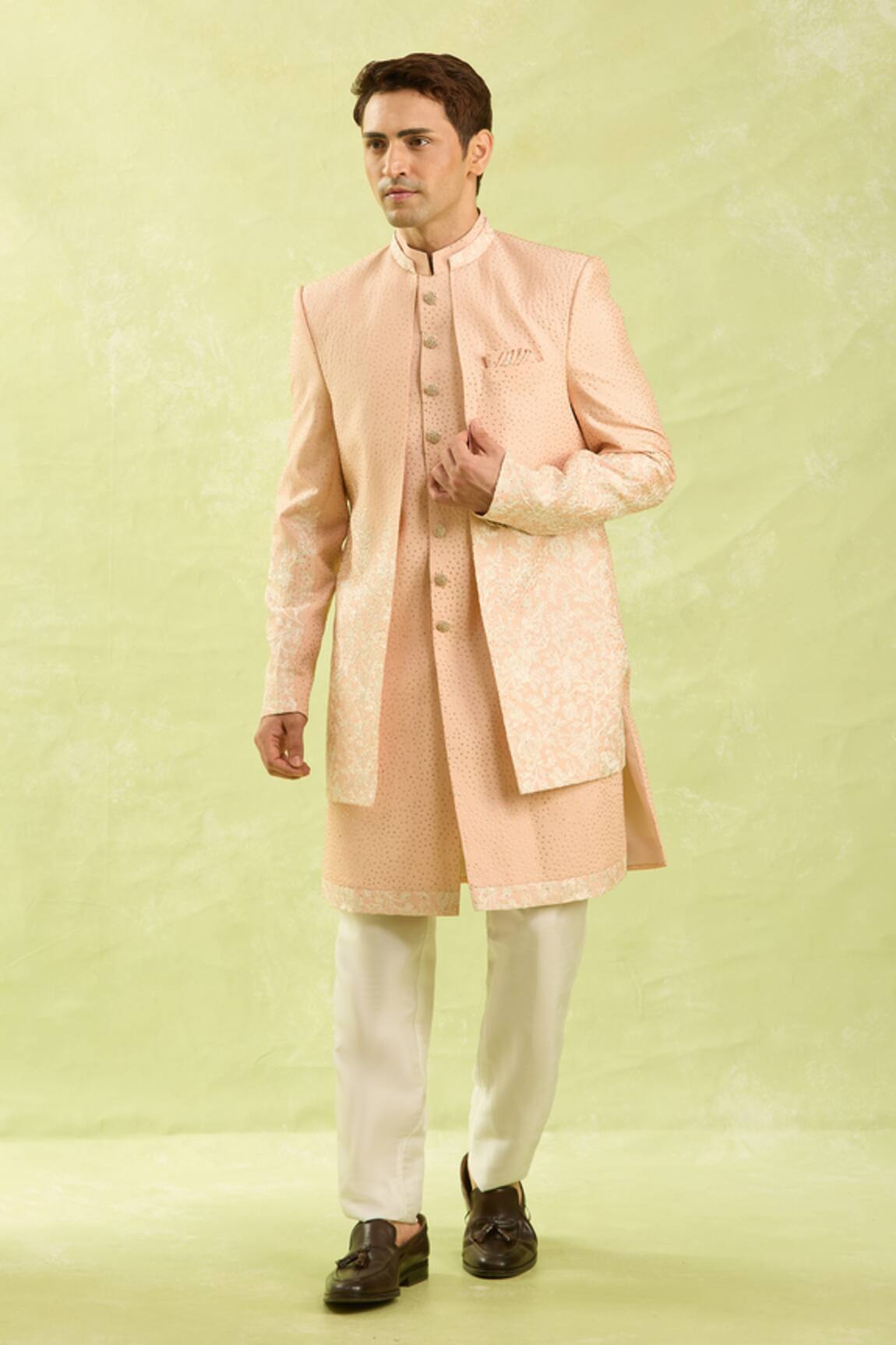 Arihant Rai Sinha Peach Pattern Sherwani Set 