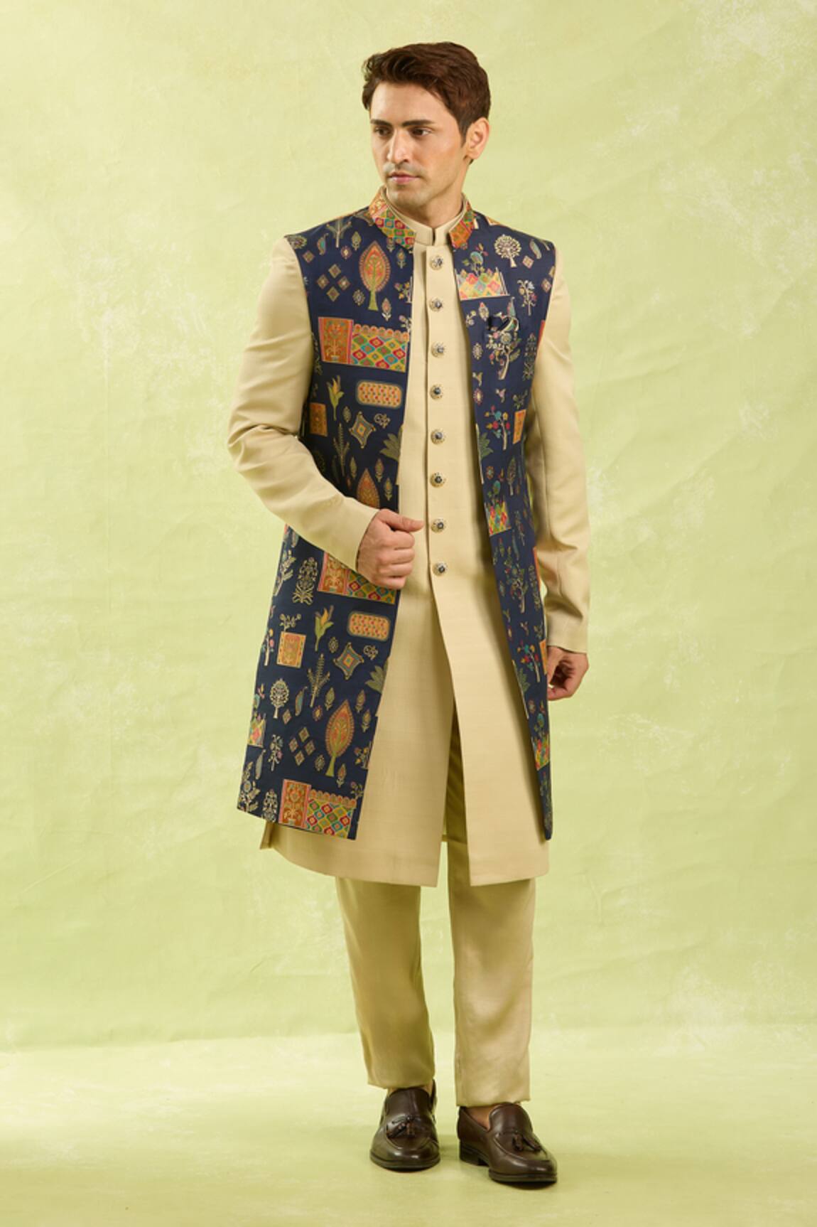 Arihant Rai Sinha Blue Beige Jacquard Nehru Jacket Set 