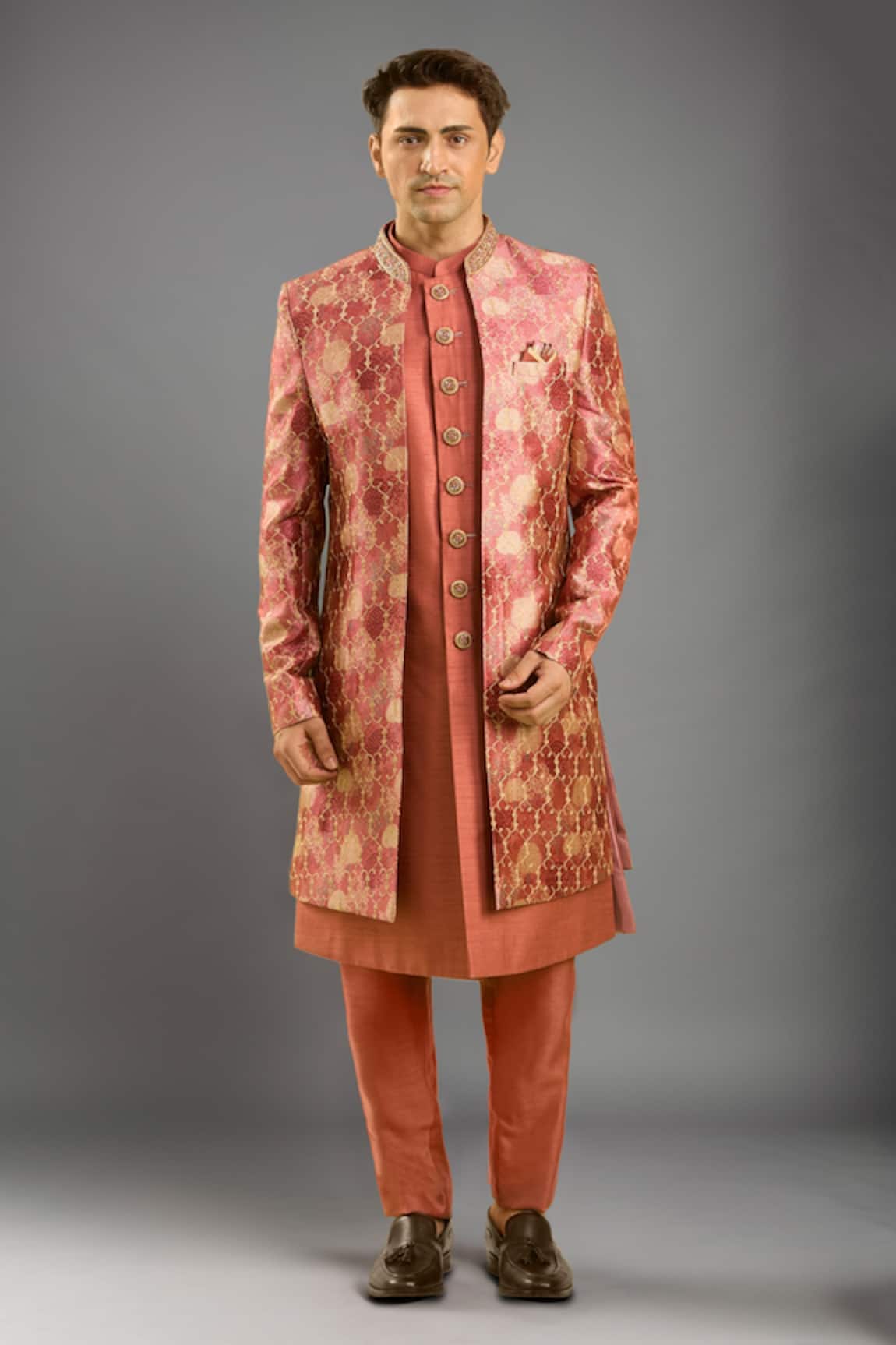 Arihant Rai Sinha Rust Orange Embroidered Sherwani Set 
