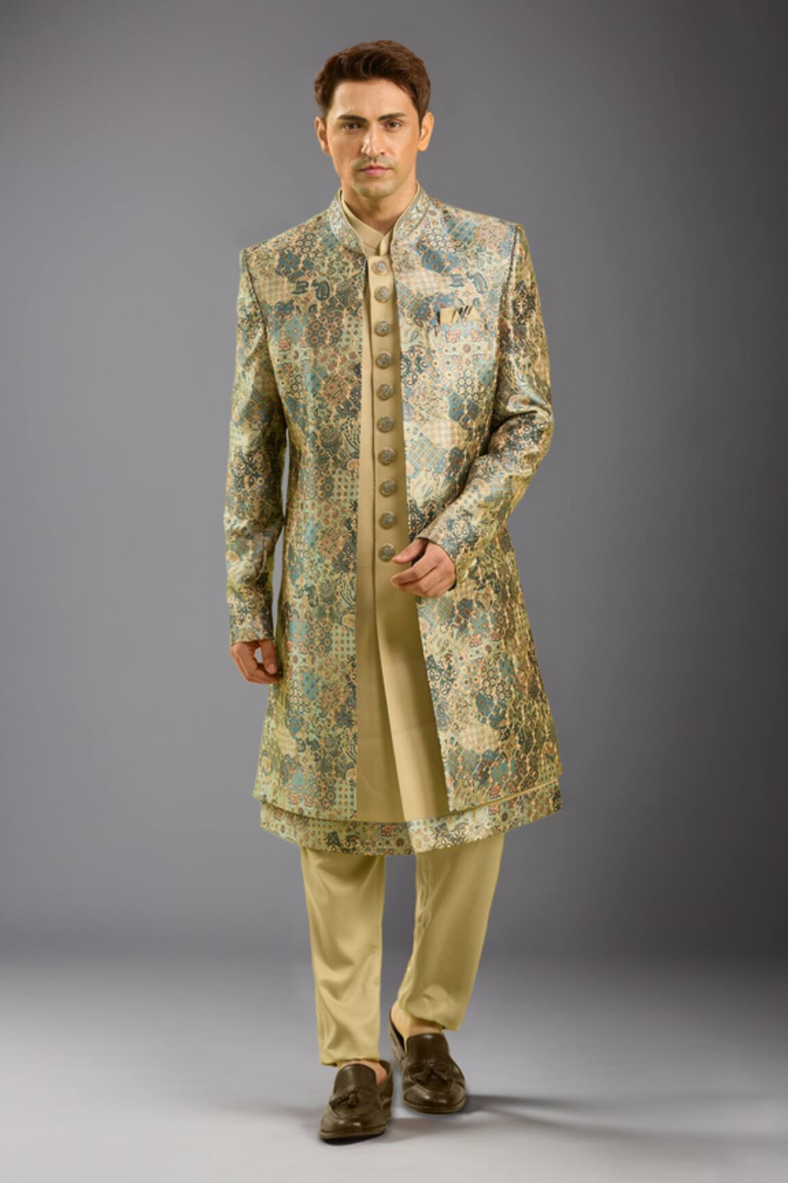 Arihant Rai Sinha Green Beige Embroidered Sherwani Set 
