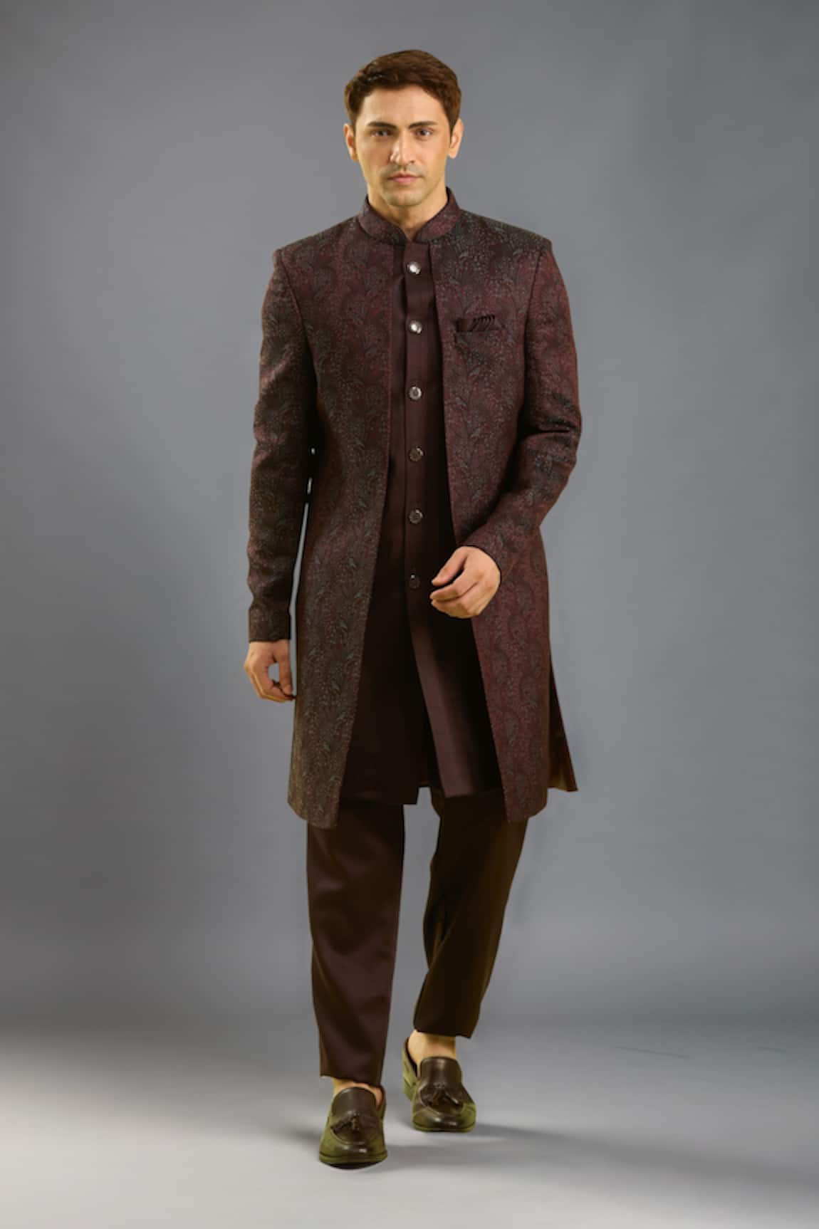 Arihant Rai Sinha Wine Jacquard Silk Sherwani Set 