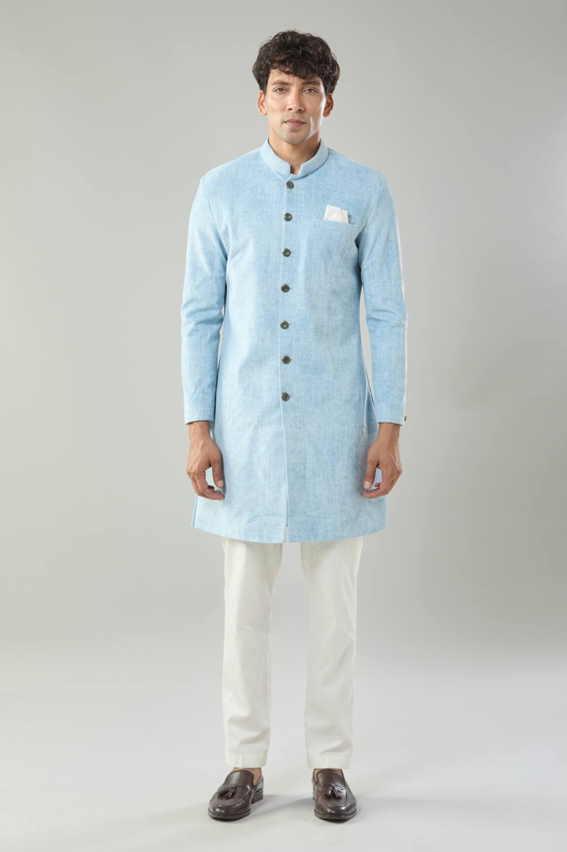 Arihant Rai Sinha Blue Swad Velvet Sherwani & White Pollo Pant 