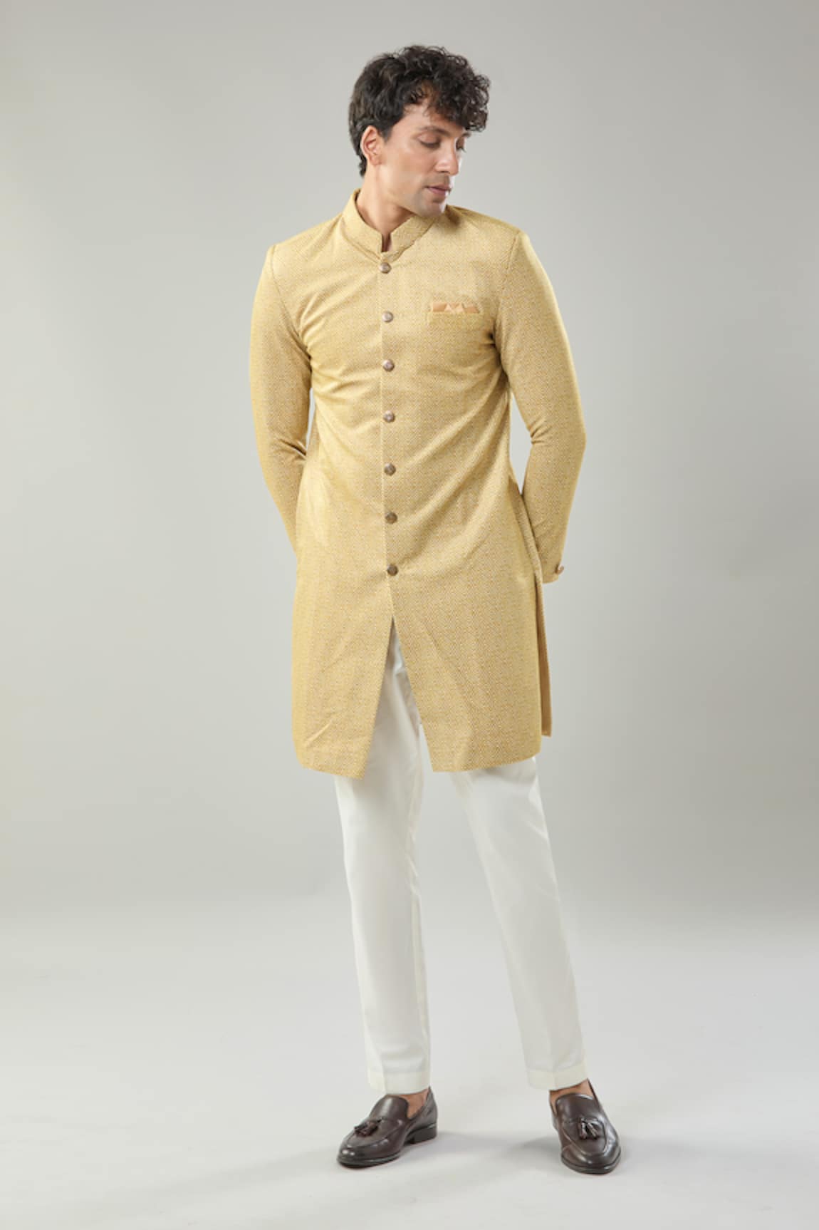 Arihant Rai Sinha Yellow Woven Suede Sherwani & White Pollo Pant 