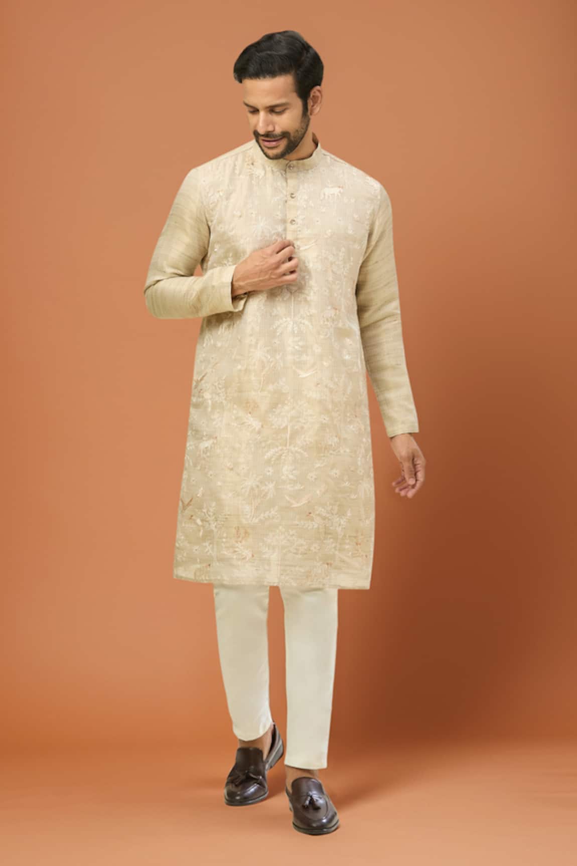 Arihant Rai Sinha Beige Katha Embroidered Kurta Set 