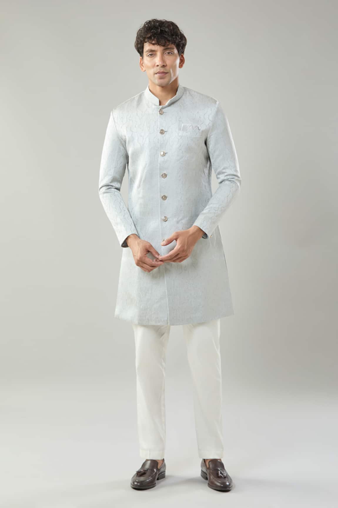 Arihant Rai Sinha Grey Woven Jacquard Sherwani Set 