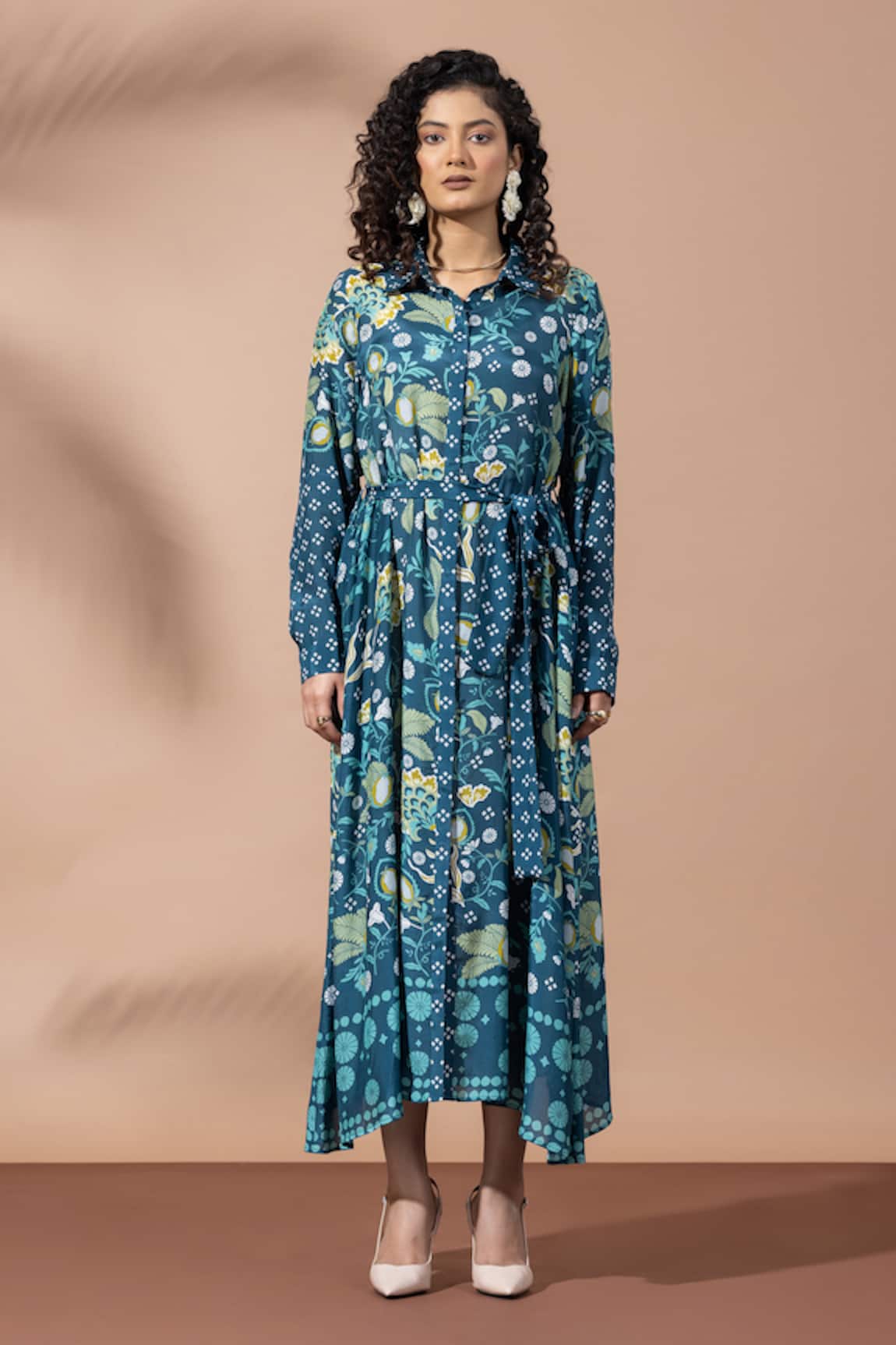 Thee Modern Roots Floral Print Teal Blue Shirt Dress 