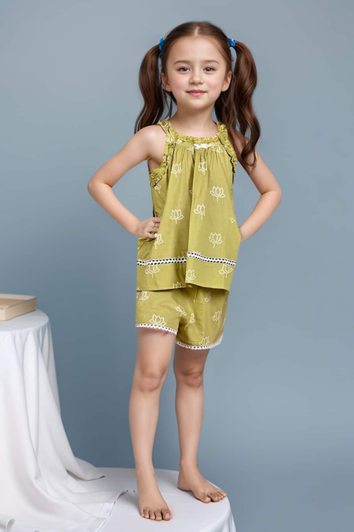 Samyukta Singhania Green Cotton Kids Top & Shorts Set 