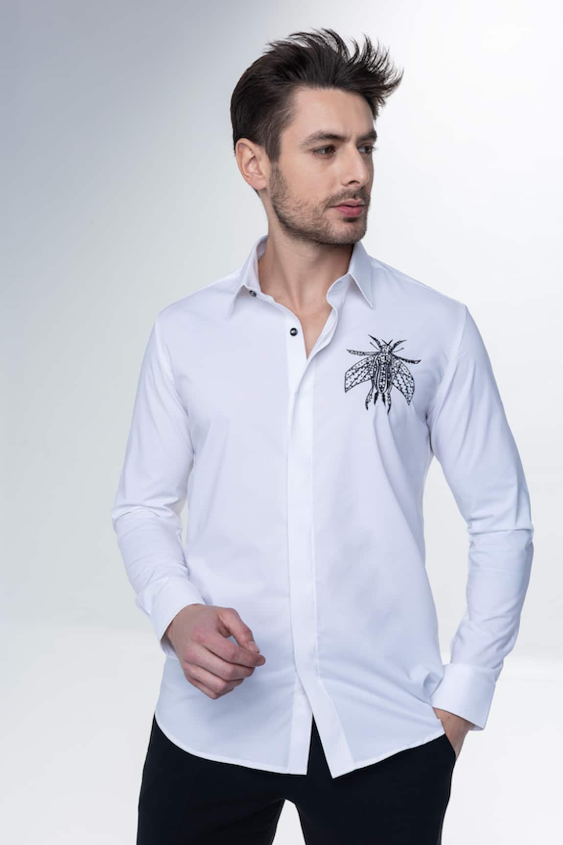 AMIT ARORA Hand-Embroidered White Casual Shirt 