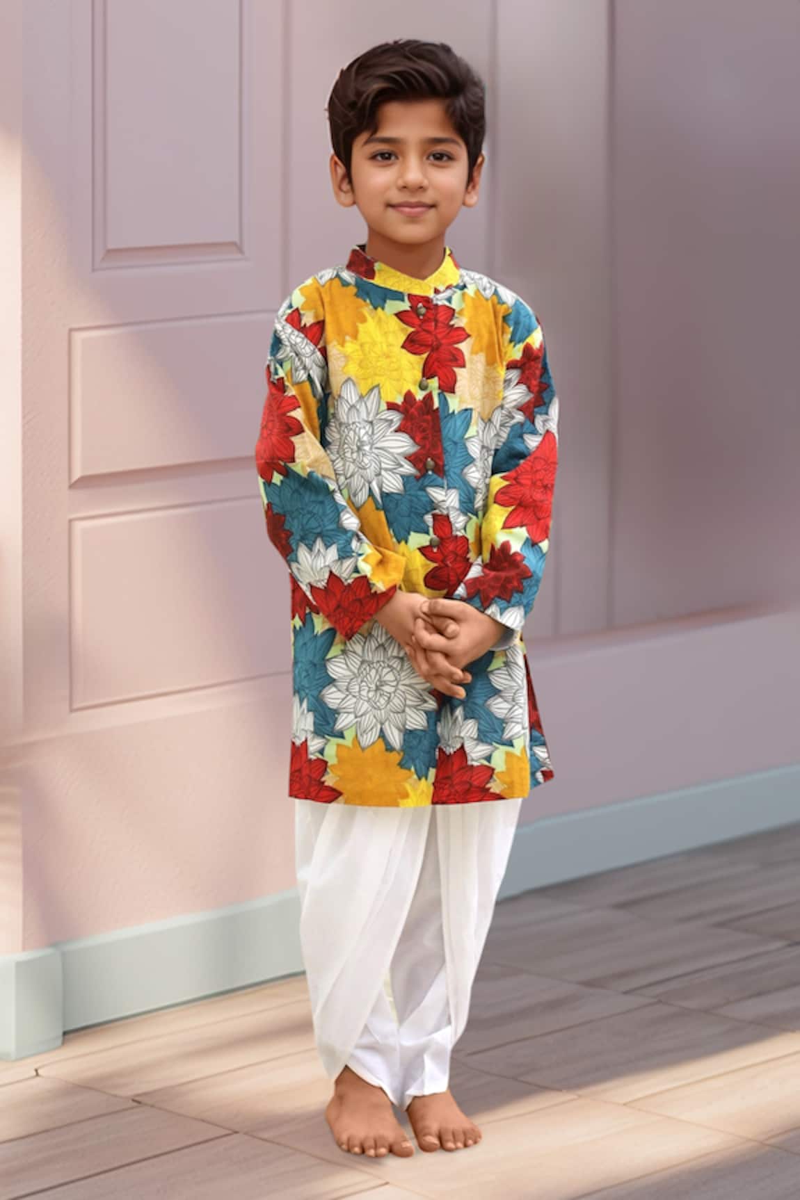 Petite Pomme Multicolor Floral Print Sherwani Set