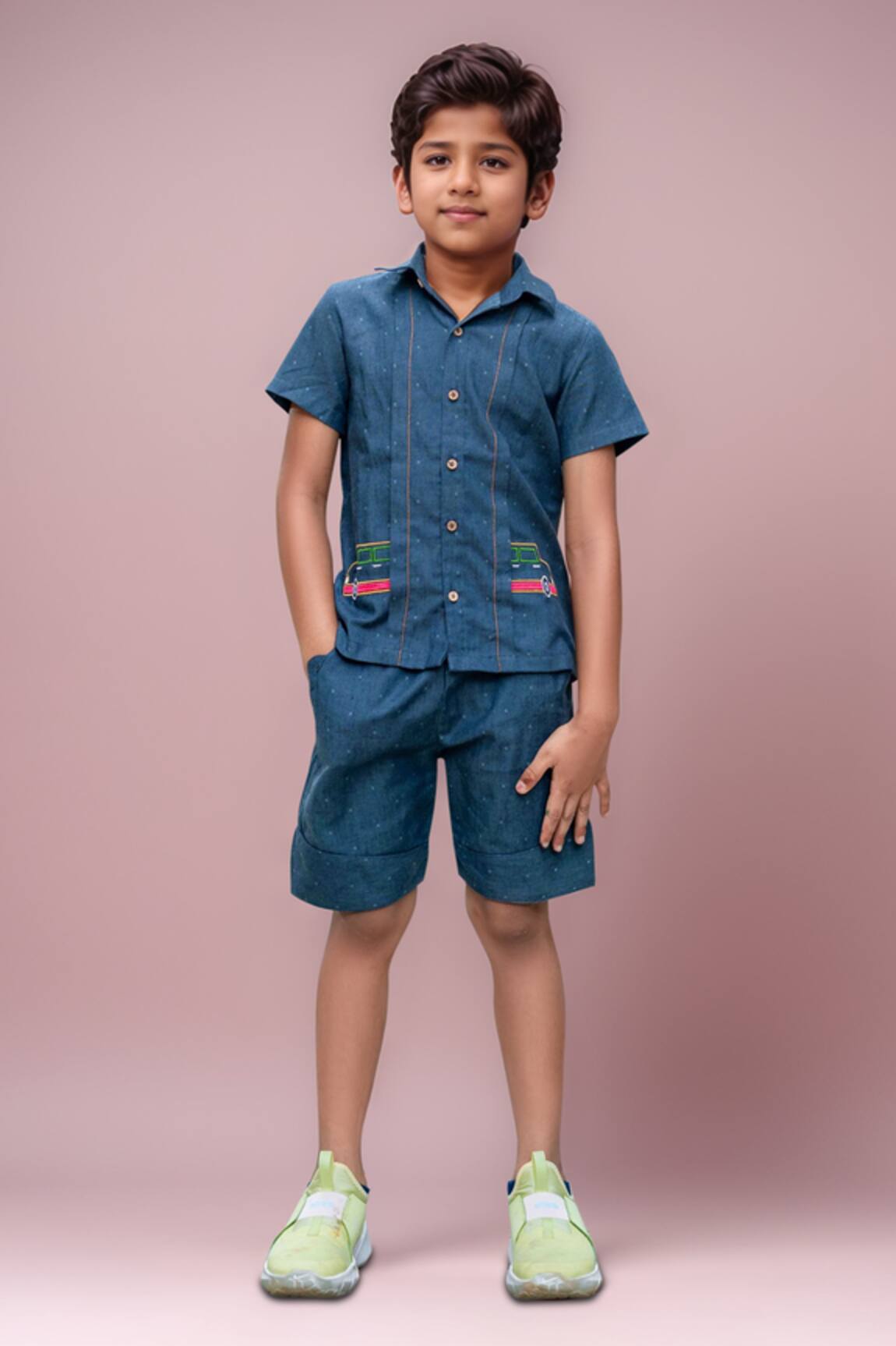Arihant Rai Sinha Blue Cotton Car Embroidered Shirt & Shorts 
