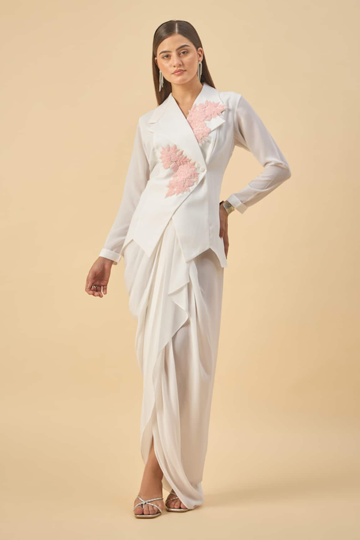 Aakaar White Embroidered Blazer & Dhoti Skirt Set 