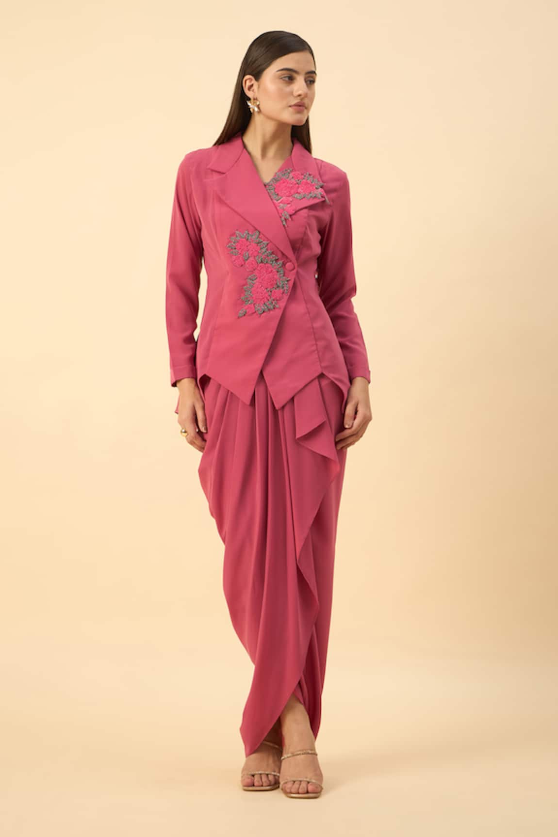 Aakaar Pink Embroidered Blazer & Dhoti Skirt Set 
