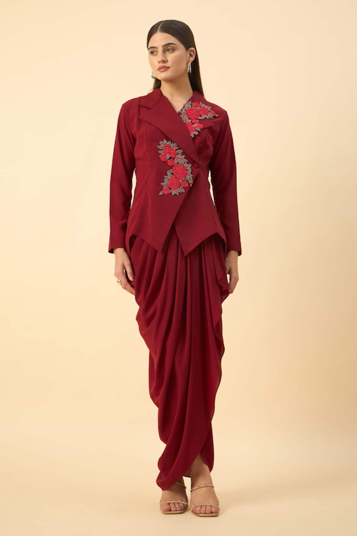 Aakaar Red Embroidered Blazer & Dhoti Skirt Set 