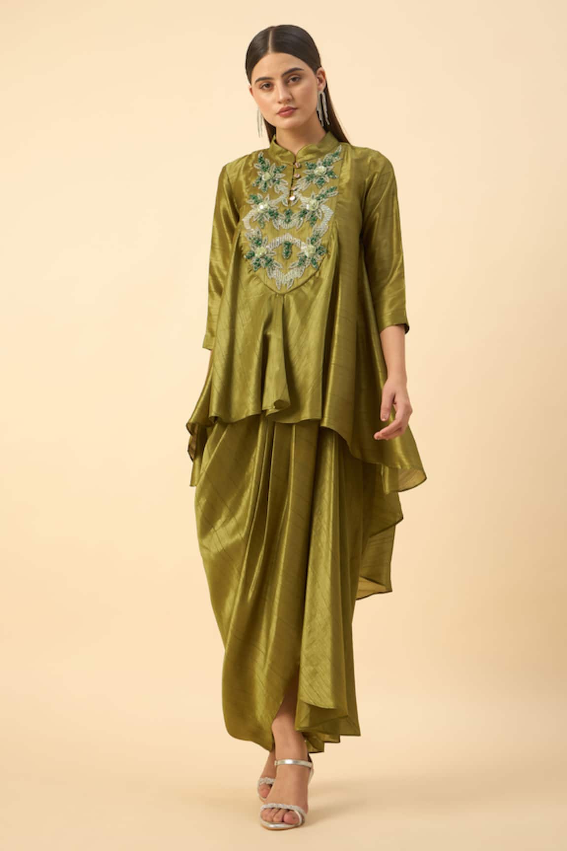 Aakaar Embroidered Green Tunic & Draped Skirt Set 