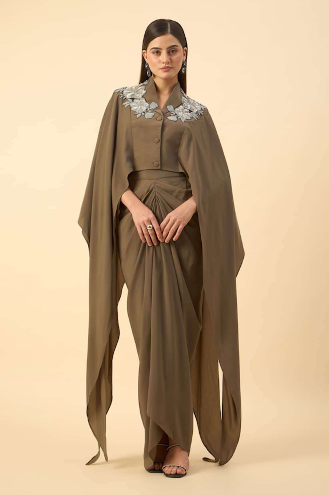 Aakaar Olive Green Designer Crop Top & Draped Skirt 