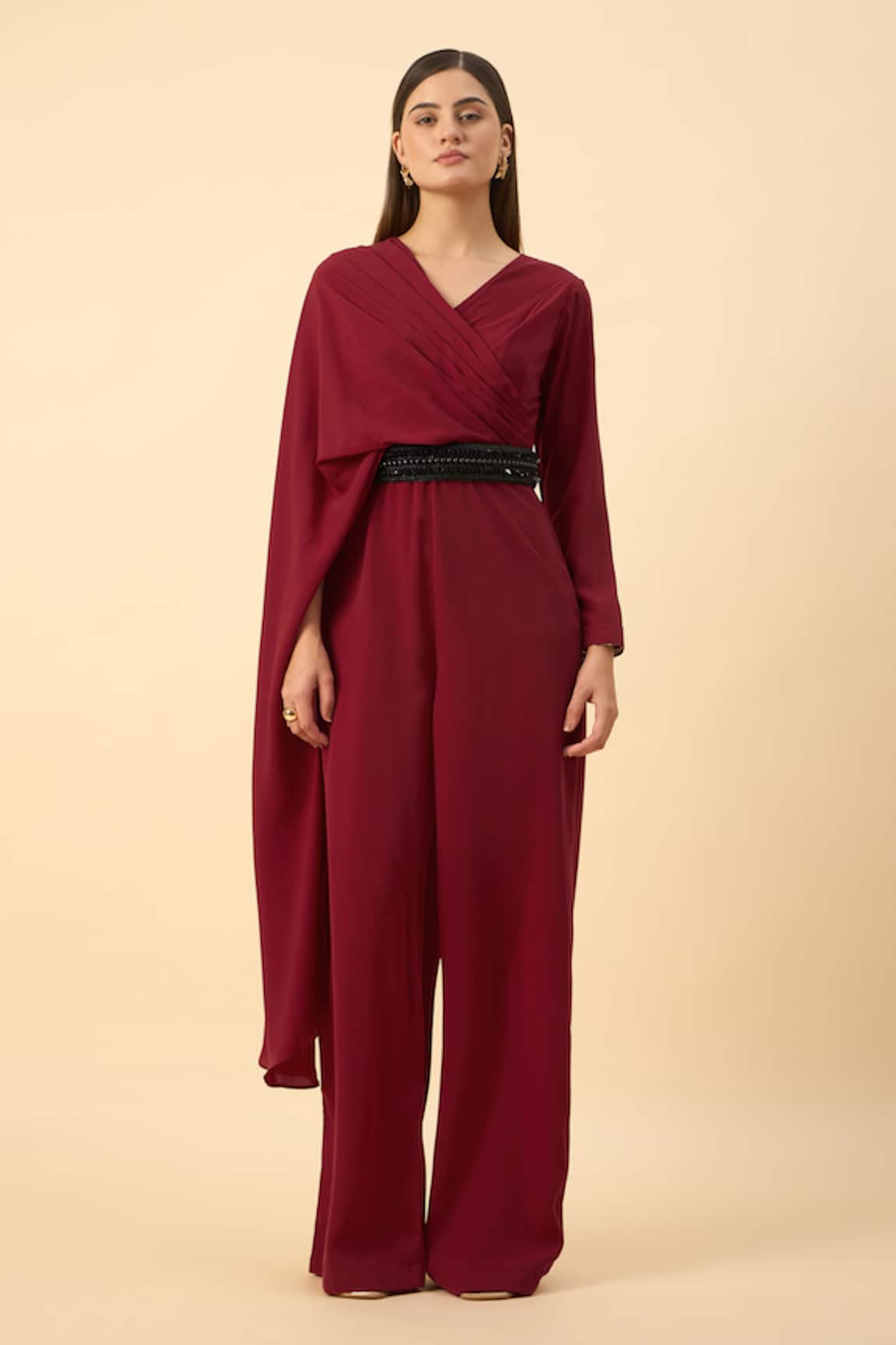 Aakaar Red Designer Jumpsuit With Belt 
