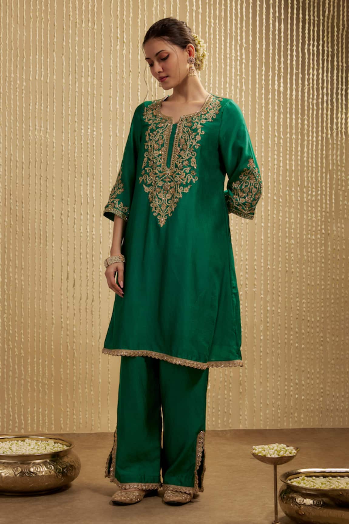Mehak Murpana Peacock Green Silk Chanderi Kurta Set 
