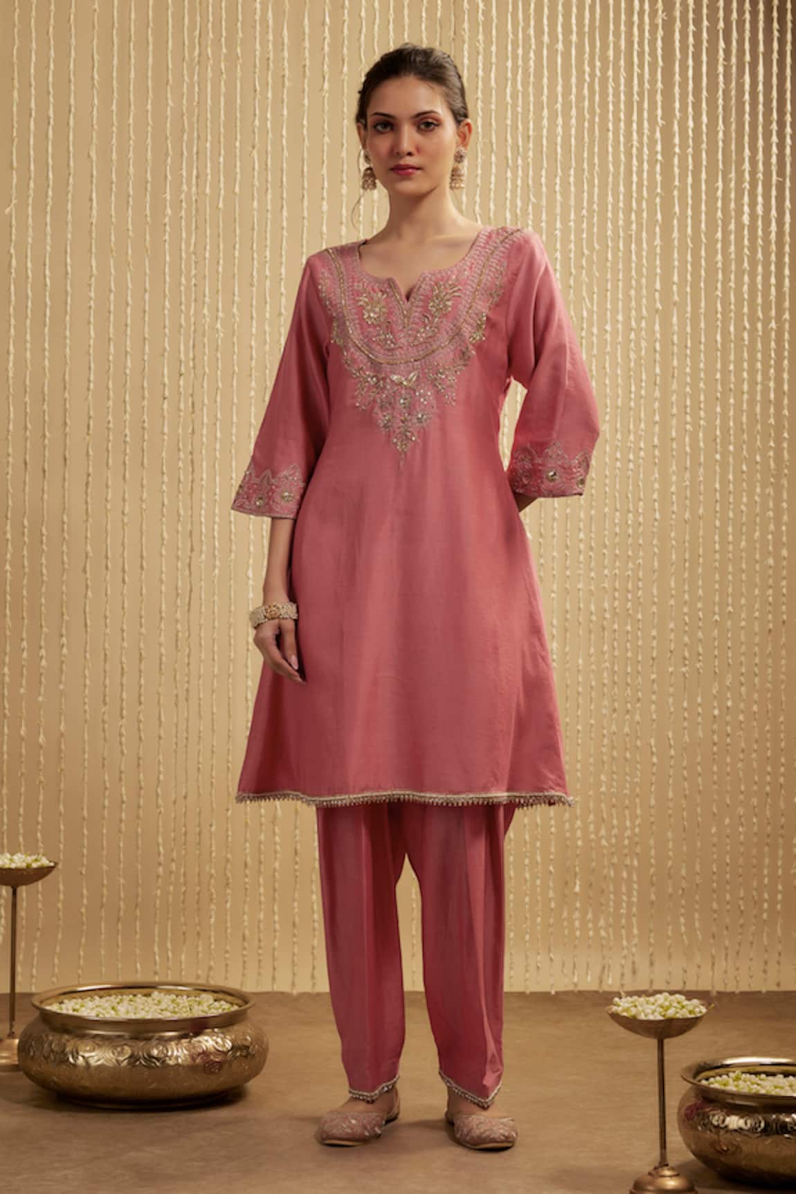Mehak Murpana Coral Pink Embroidered Kurta Set 