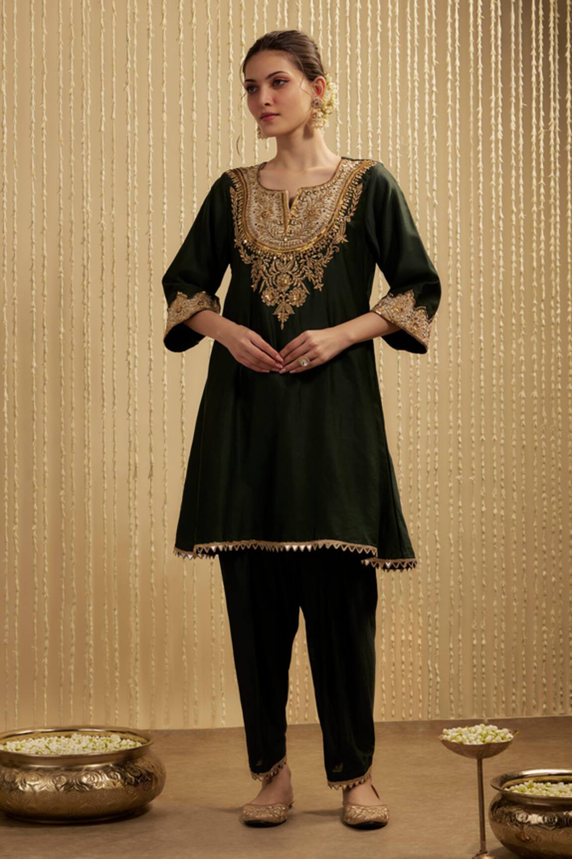 Mehak Murpana Dark Green Silk Chanderi Kurta Set 