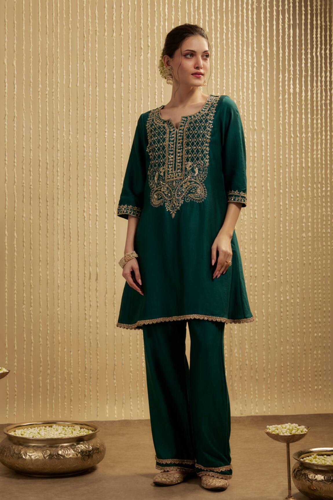 Mehak Murpana Teal Green Silk Chanderi Kurta Set 