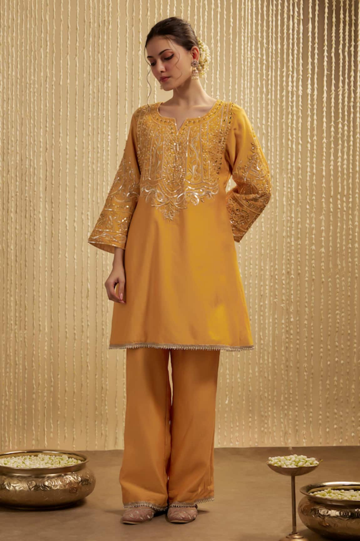 Mehak Murpana Mustard Yellow Silk Chanderi Kurta Set 