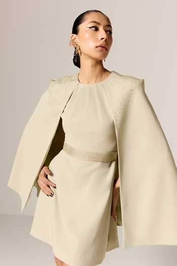 Buy Beige Crepe, Spandex Round Neck Astra Cape Dress With Belt For Women by  Manika Nanda Online at Aza Fashions.