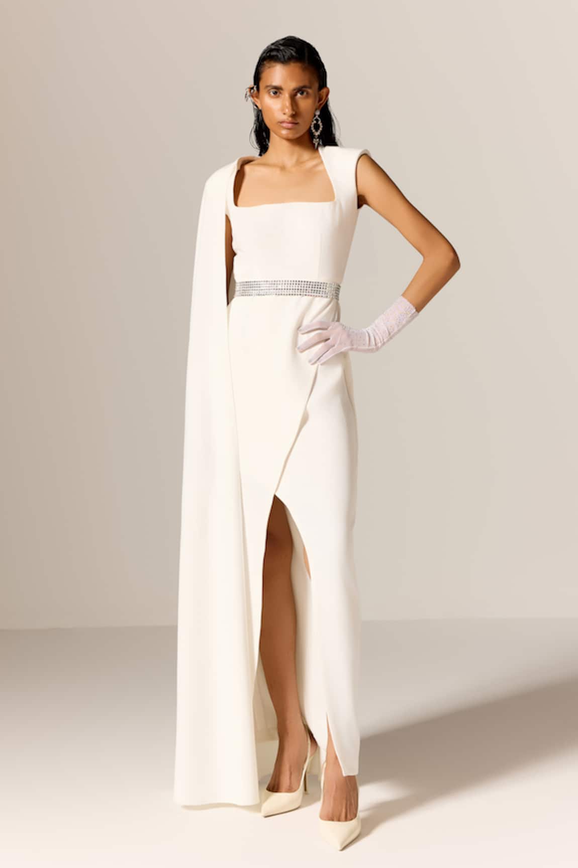 Manika Nanda Ivory Cape Gown with Belt 