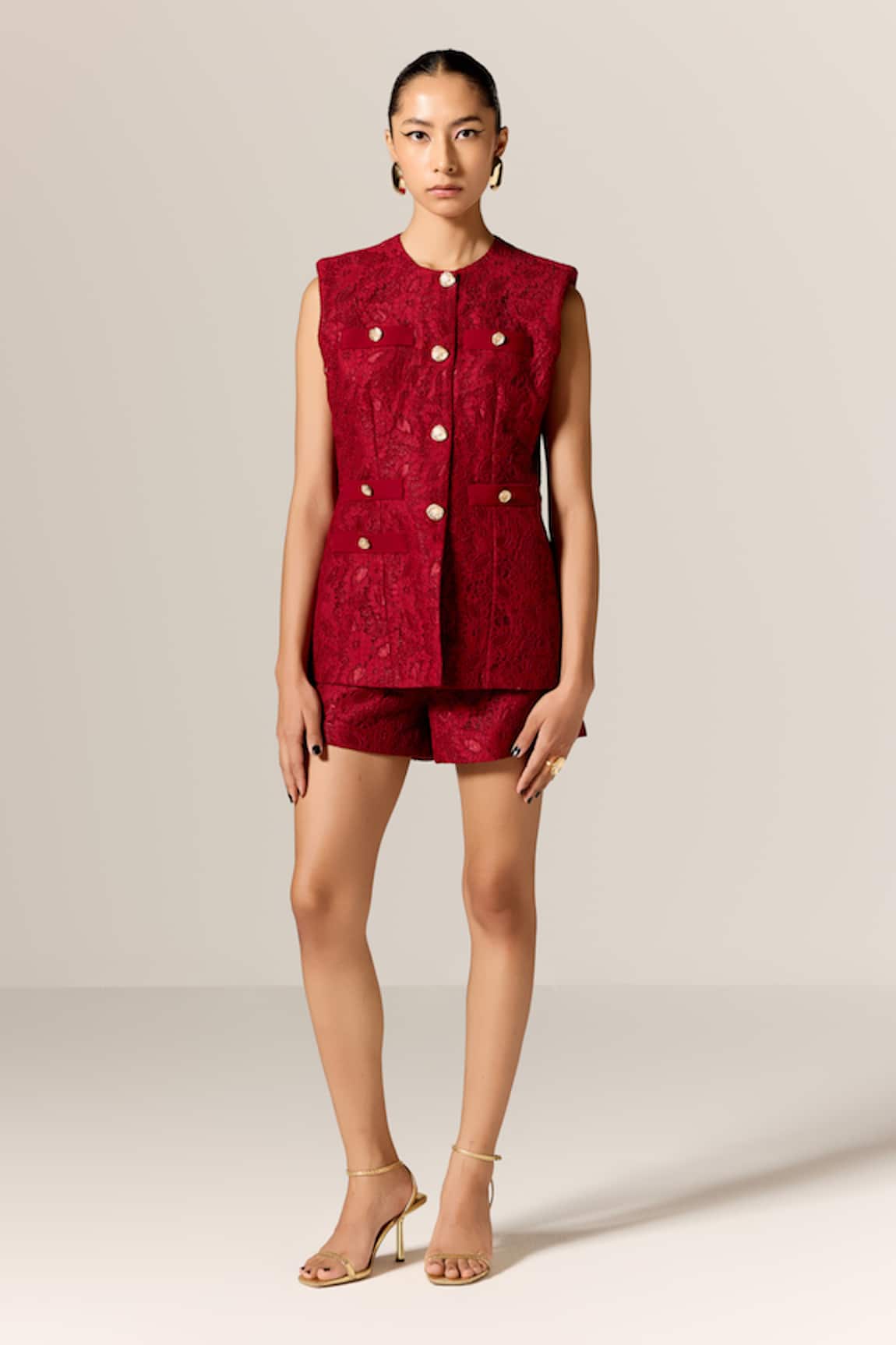 Manika Nanda Deep Red Lace Waistcoat & Shorts Set 