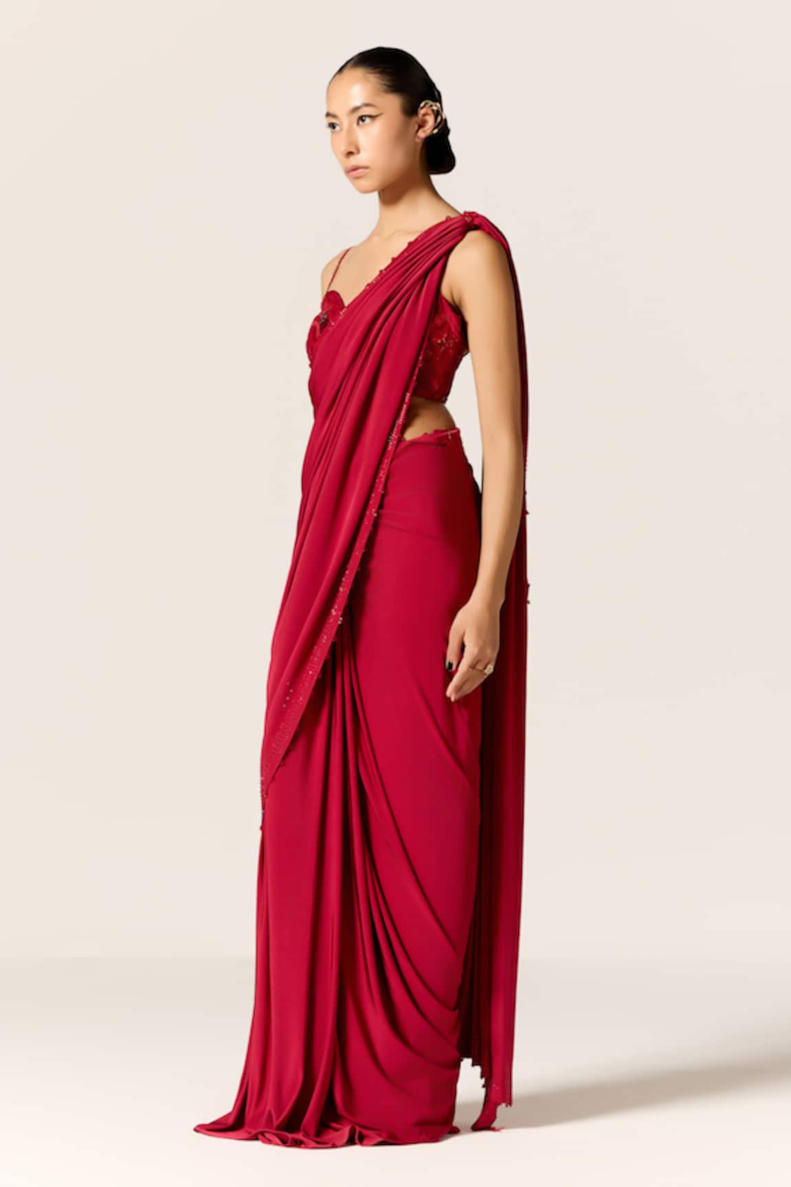 Manika Nanda Deep Red Sitara Draped Saree With Blouse 