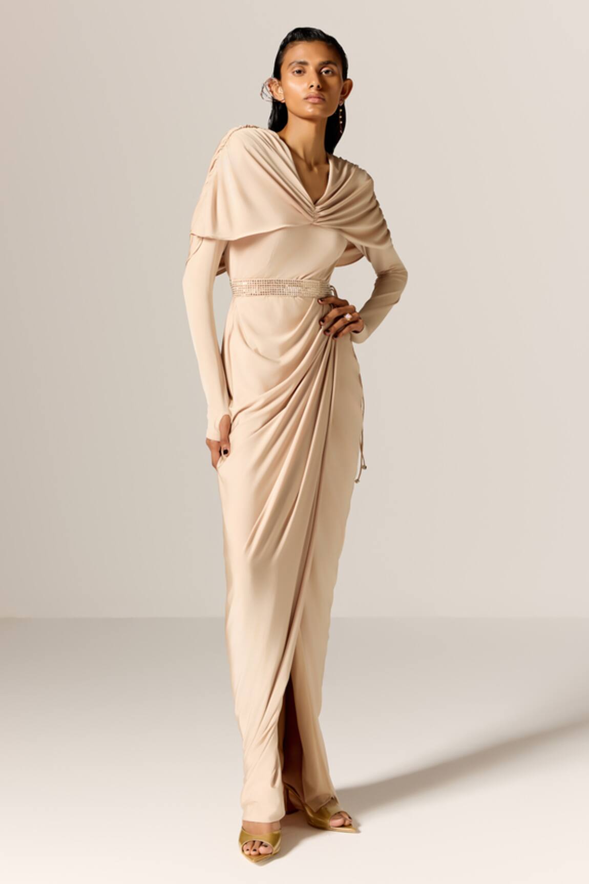Manika Nanda Beige Draped Cape Gown With Belt 