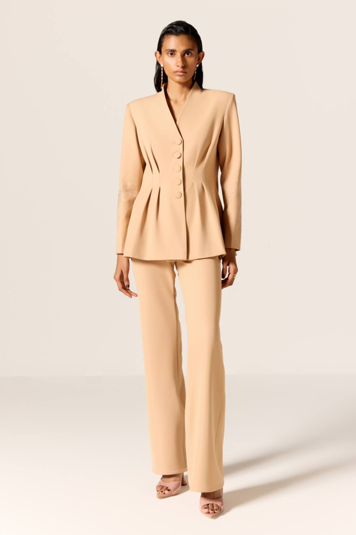 Manika Nanda Beige Peplum Blazer & Pant Set 